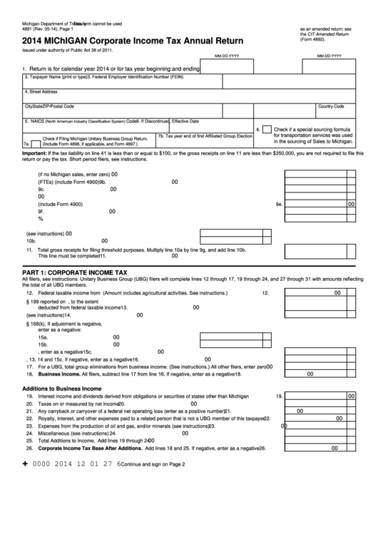 Form 4891 - Michigan Corporate Income Tax Annual Return - 2014 Printable pdf