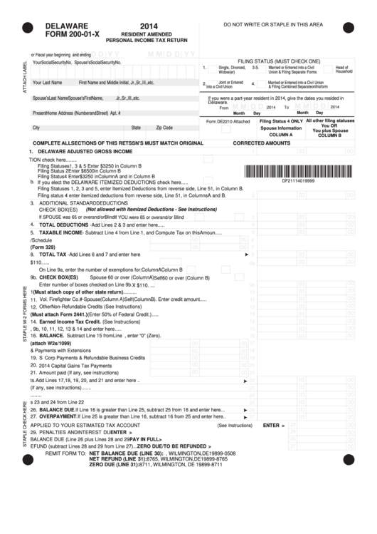 Fillable Form 200-01-X - Resident Amended Personal Income Tax Return - 2014 Printable pdf