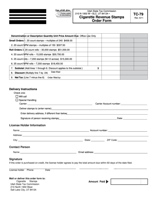 Fillable Form Tc-79 - Cigarette Revenue Stamps Order Form Printable pdf