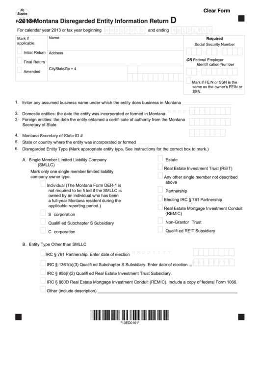 Fillable Form Der-1 - Montana Disregarded Entity Information Return - 2013 Printable pdf