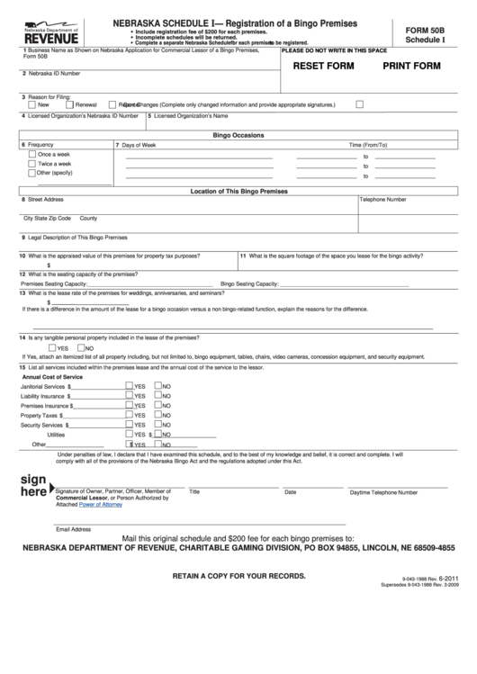 Fillable Form 50b - Nebraska Schedule I - Registration Of A Bingo Premises Printable pdf