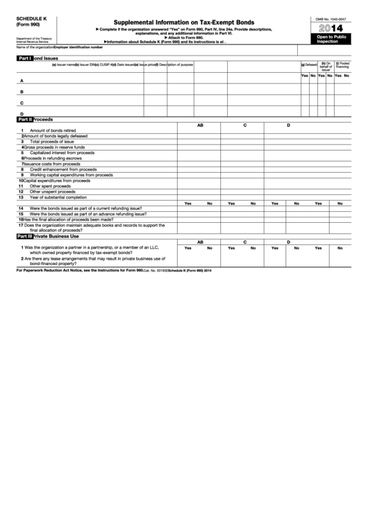 Fillable Schedule K (Form 990) - Supplemental Information On Tax-Exempt Bonds - 2014 Printable pdf