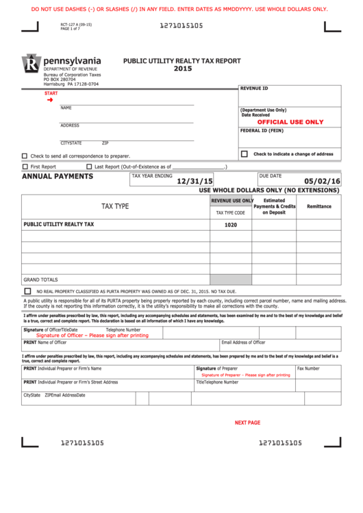 Fillable Form Rct-127 A - Public Utility Realty Tax Report - 2015 Printable pdf