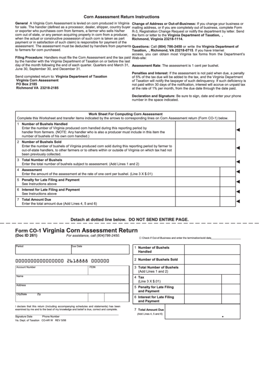 Fillable Form Co-1 - Virginia Corn Assessment Return Printable pdf