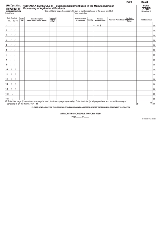 Fillable Form 775p - Nebraska Schedule Iii - Business Equipment Used In The Manufacturing Or Processing Of Agricultural Products - 2011 Printable pdf