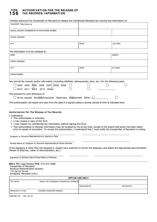 Fillable Form 156 - Authorization For Release Of Tax Records/information Printable pdf