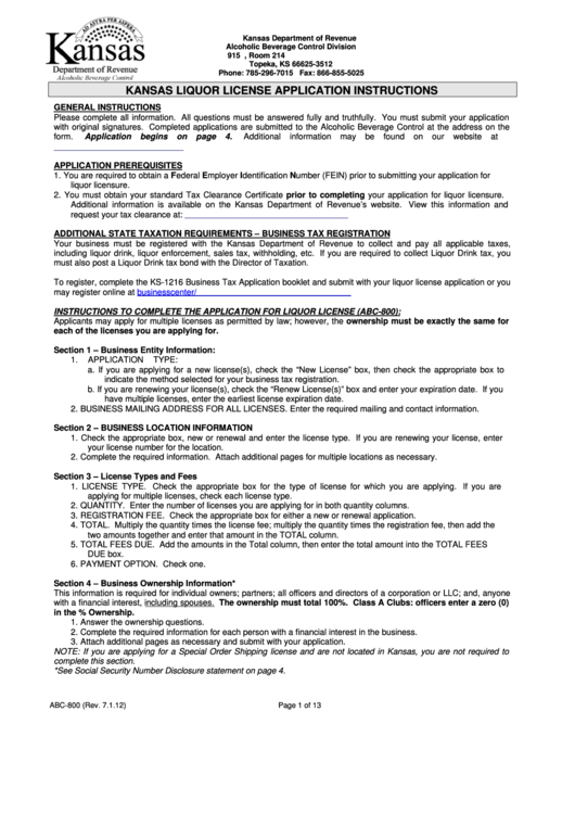 Form Abc-800 - Kansas Liquor License Application Instructions Printable pdf