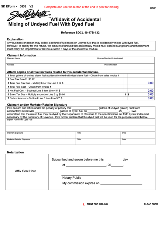 Fillable Sd Eform-0832 V2 - Affidavit Of Accidental Mixing Of Undyed Fuel With Dyed Fuel Printable pdf