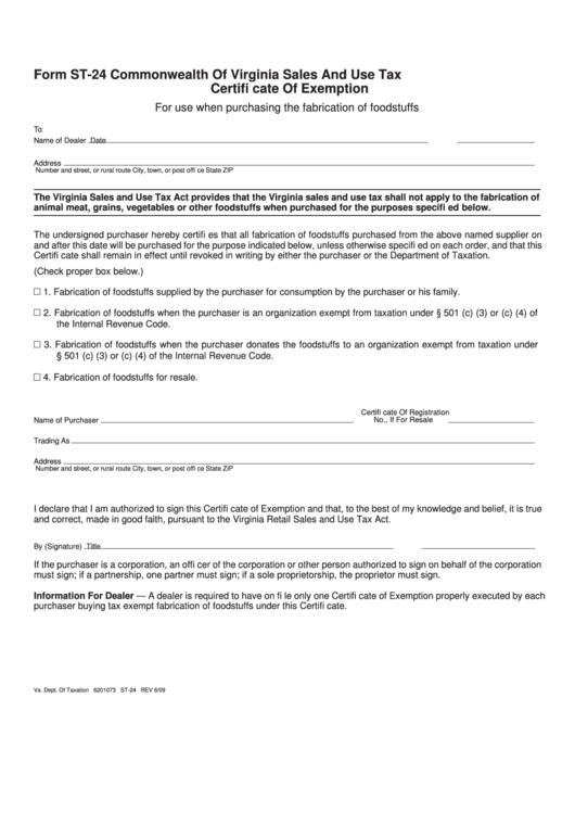 Fillable Form St-24 - Commonwealth Of Virginia Sales And Use Tax Certifi Cate Of Exemption Printable pdf