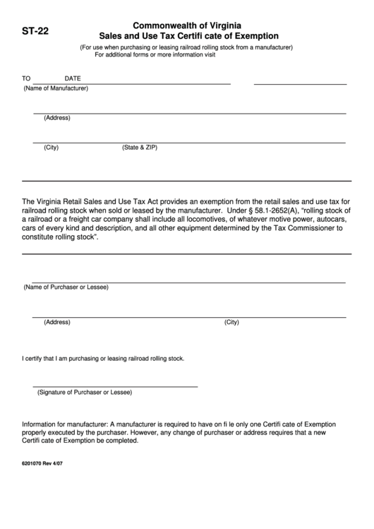 Fillable Form St-22 - Sales And Use Tax Certifi Cate Of Exemption - Commonwealth Of Virginia Printable pdf
