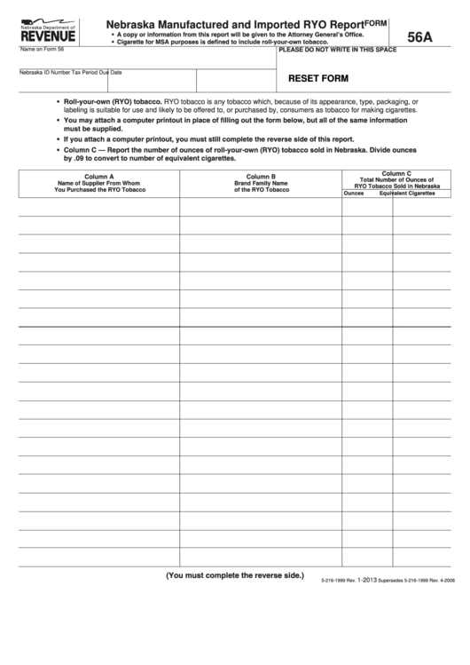Fillable Form 56a - Nebraska Manufactured And Imported Ryo Report Printable pdf