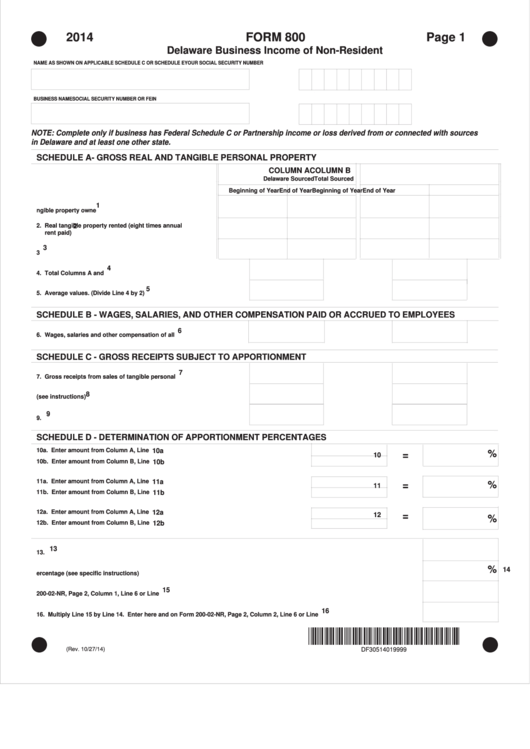 Fillable Form 800 - Delaware Business Income Of Non-Resident - 2014 Printable pdf