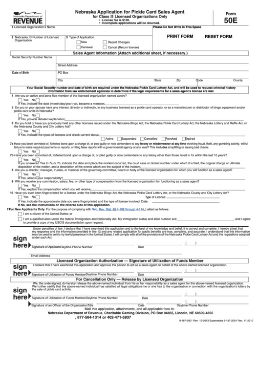 Fillable Form 50e - Nebraska Application For Pickle Card Sales Agent For Class Ii Licensed Organizations Only - 2001 Printable pdf