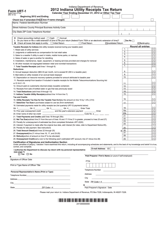 Fillable Form Urt-1 - 2012 Indiana Utility Receipts Tax Return - 2012 Printable pdf