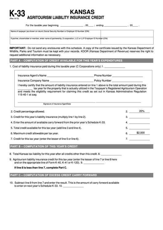 Fillable Schedule K-33 - Kansas Agritourism Liability Insurance Credit Printable pdf