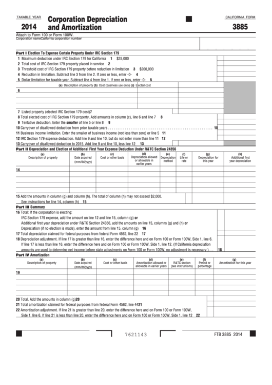 California Form 3885 - Corporation Depreciation And Amortization - 2014 Printable pdf