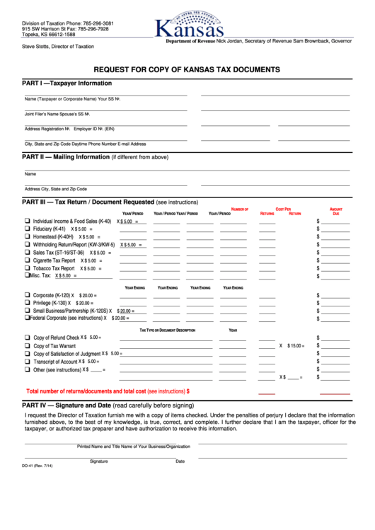 Fillable Form Do-41 - Request For Copy Of Kansas Tax Documents Printable pdf
