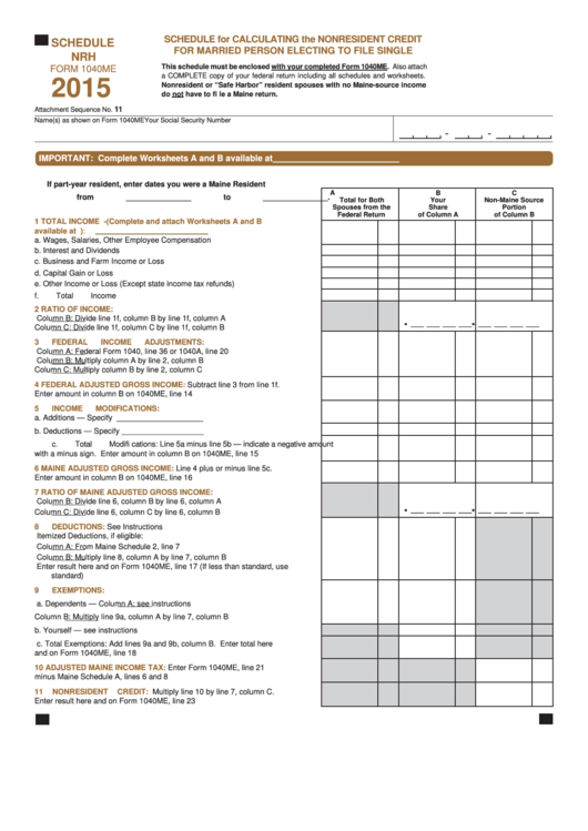 Form 1040me - Schedule Nrh - 2015 Printable pdf