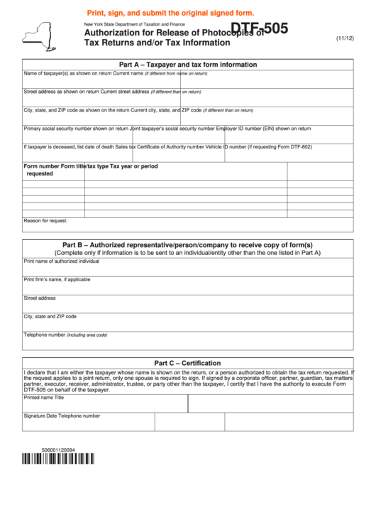 Fillable Form Dtf-505 - Authorization For Release Of Photocopies Of Tax Returns And/or Tax Information Printable pdf