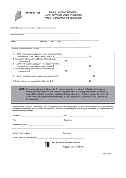 Form 841me - Certified Visual Media Production Wage Reimbursement Application Printable pdf