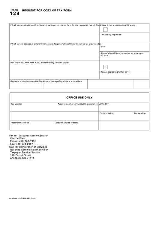 Fillable Form 129 - Request For Copy Of Fax Form Printable pdf