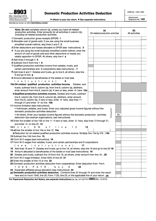Fillable Form 8903 - Domestic Production Activities Deduction Printable pdf