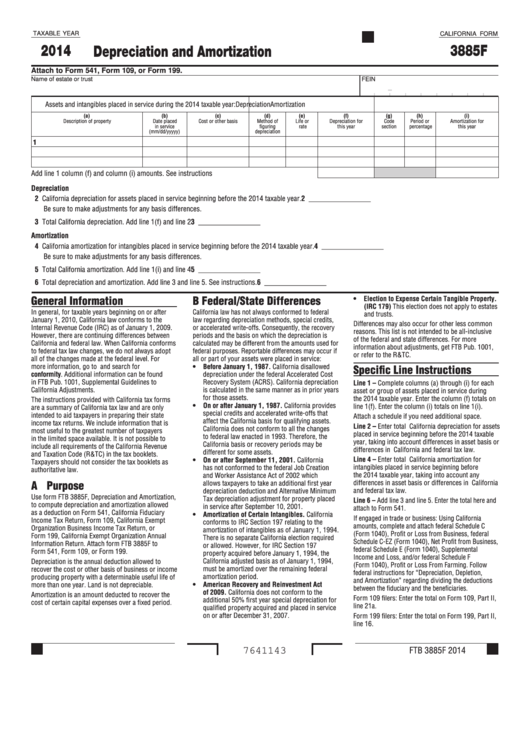 California Form 3885f - Depreciation And Amortization - 2014 Printable pdf