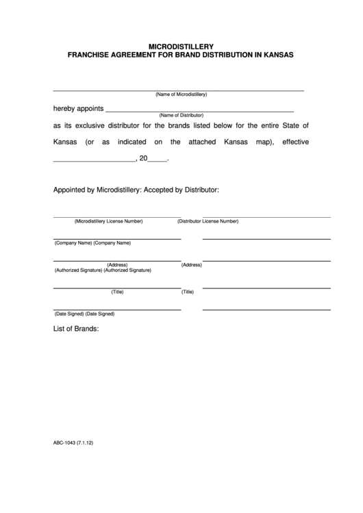 Form Abc-1043 - Microdistillery Franchise Agreement For Brand Distribution In Kansas - 2012 Printable pdf