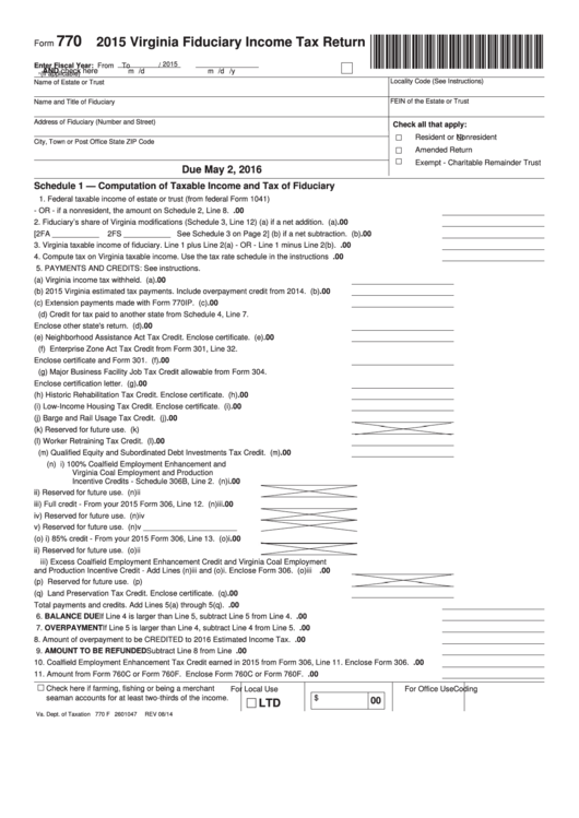 Fillable Form 770 - Virginia Fiduciary Income Tax Return - 2015 Printable pdf