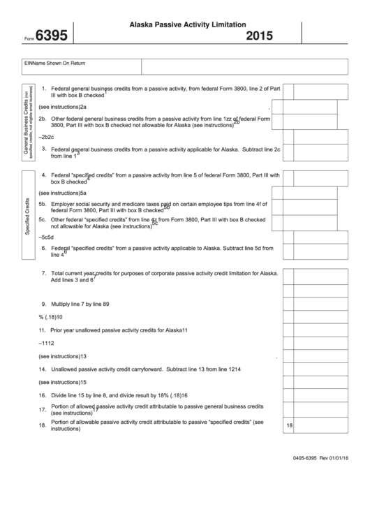 Form 6395 - Alaska Passive Activity Limitation - 2015 Printable pdf