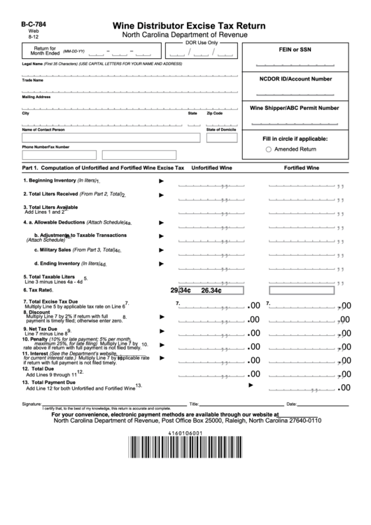 Fillable Form B-C-784 - Wine Distributor Excise Tax Return Printable pdf