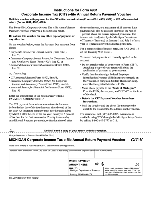 Form 4901 - Michigan Corporate Income Tax E-File Annual Return Payment Voucher Printable pdf