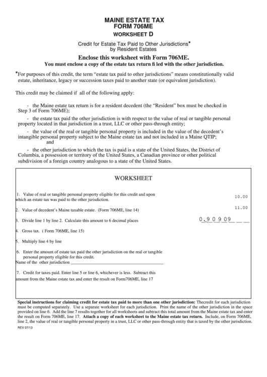Fillable Form 706e (Worksheet D) - Maine Estate Tax Printable pdf
