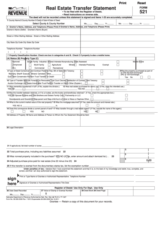 Fillable Form 521 - Real Estate Transfer Statement Printable pdf