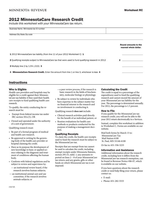 Fillable Form Worksheet Rc - Minnesota Care Research Credit - 2012 Printable pdf