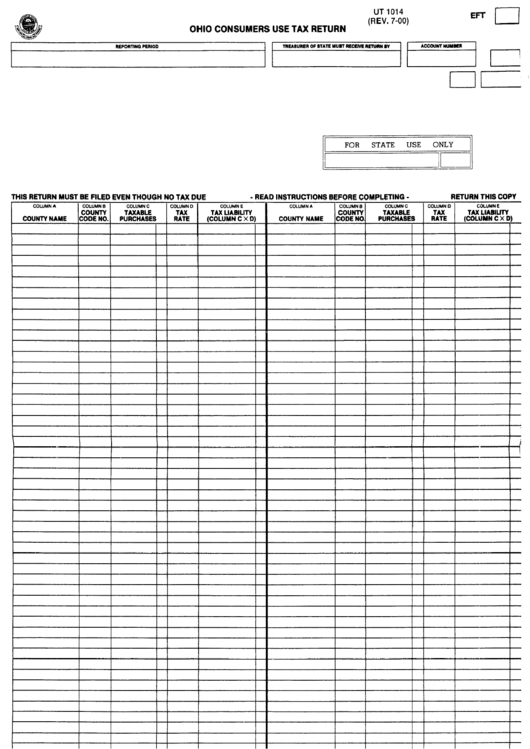 Form Ut 1014 - Ohio Consumers Use Tax Return Printable pdf
