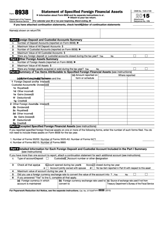 Fillable Form 8938 - Statement Of Specified Foreign Financial Assets - 2015 Printable pdf