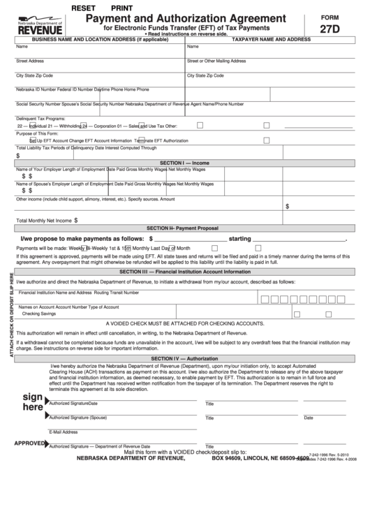 Fillable Form 27d - Payment And Authorization Agreement For Electronic Funds Transfer (Eft) Of Tax Payments - 1996 Printable pdf