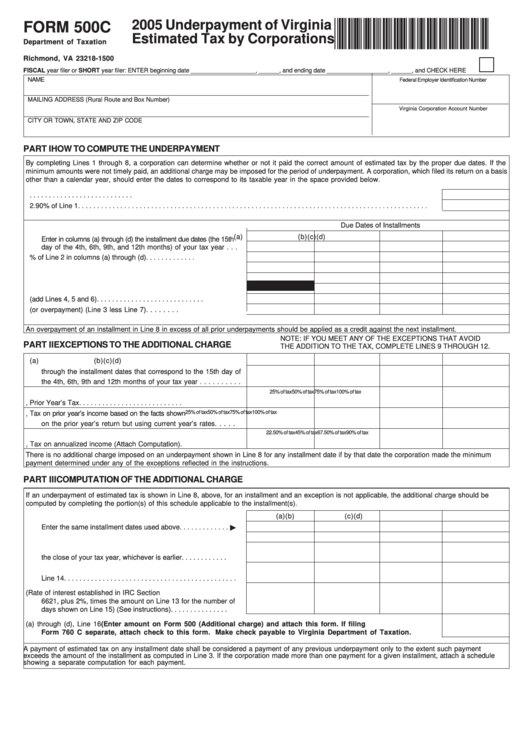 Form 500c- Underpayment Of Virginia Estimated Tax By Corporations - 2005 Printable pdf