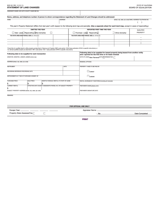 Fillable Form Boe-551 - Statement Of Land Changes - 2011 Printable pdf