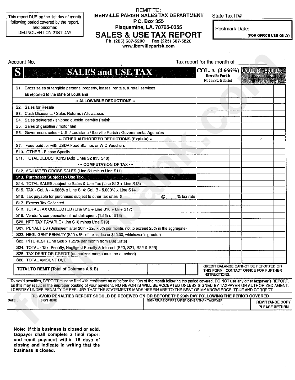 Sales & Use Tax Report Form - Iberville Parish, Louisiana