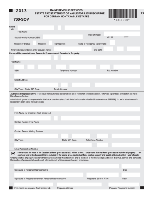 Fillable Form 700-Sov - Estate Tax Statement Of Value For Lien Discharge For Certain Nontaxable Estates - 2013 Printable pdf