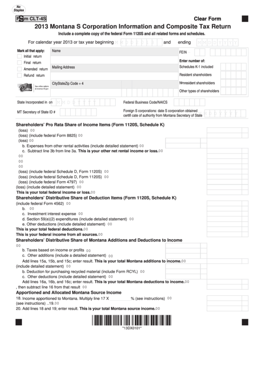 Fillable Form Clt-4s - Montana S Corporation Information And Composite Tax Return - 2013 Printable pdf