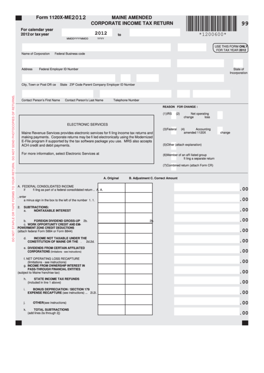 Fillable Form 1120x-Me - Maine Amended Corporate Income Tax Return - 2012 Printable pdf
