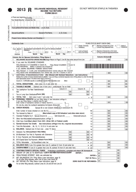 Fillable Form 200-01 - Delaware Individual Resident Income Tax Return - 2013 Printable pdf