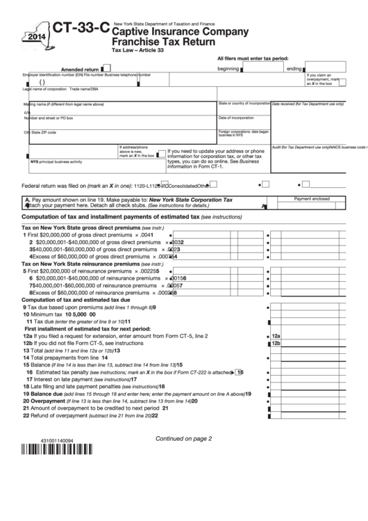Form Ct-33-C - Captive Insurance Company Franchise Tax Return - 2014 Printable pdf
