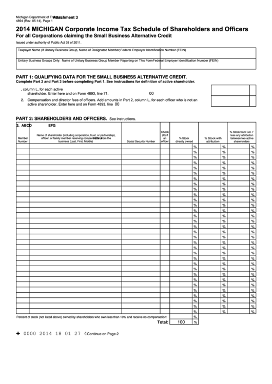 Form 4894 - Corporate Income Tax Schedule Of Shareholders And Officers - 2014 Printable pdf
