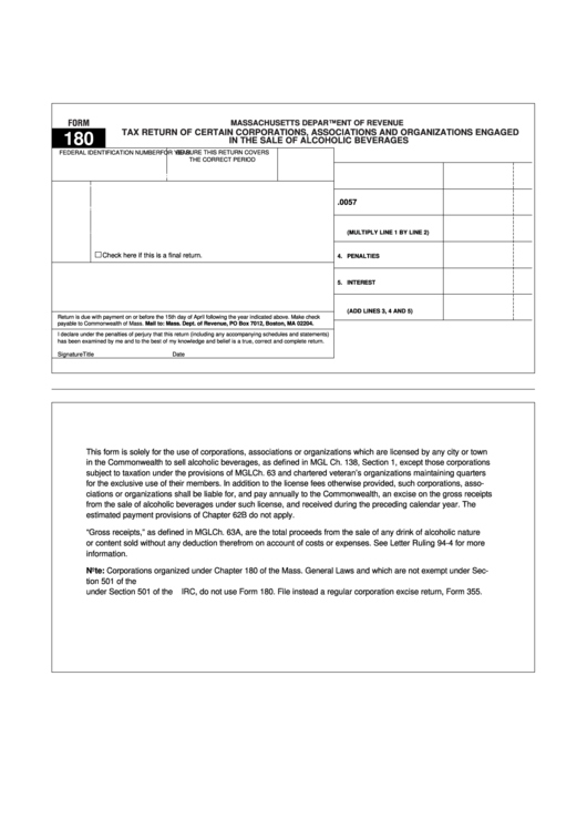 Fillable Form 180 - Tax Return Of Certain Corporations, Associations And Organizations Engaged In The Sale Of Alcoholic Beverages Printable pdf