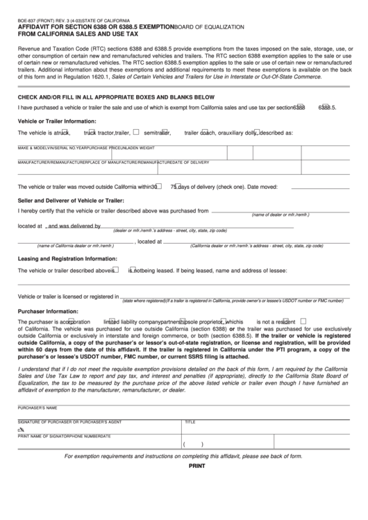 Fillable Form Boe-837 - Affidavit For Section 6388 Or 6388.5 Exemption From California Sales And Use Tax Printable pdf