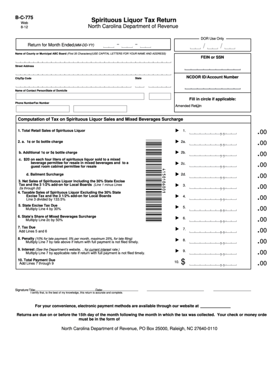 Fillable Form B-C-775 - Spirituous Liquor Tax Return Printable pdf